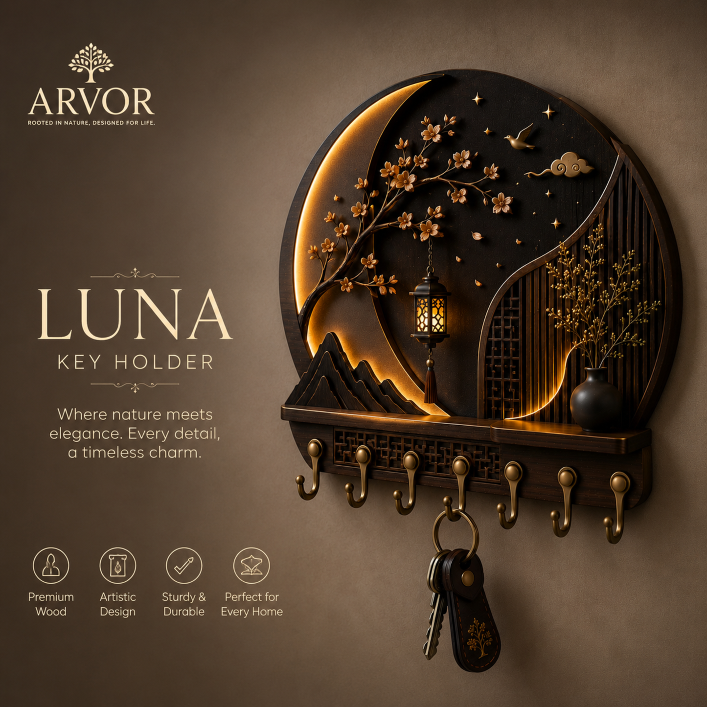 Luna Moon Glow Wooden Key Holder