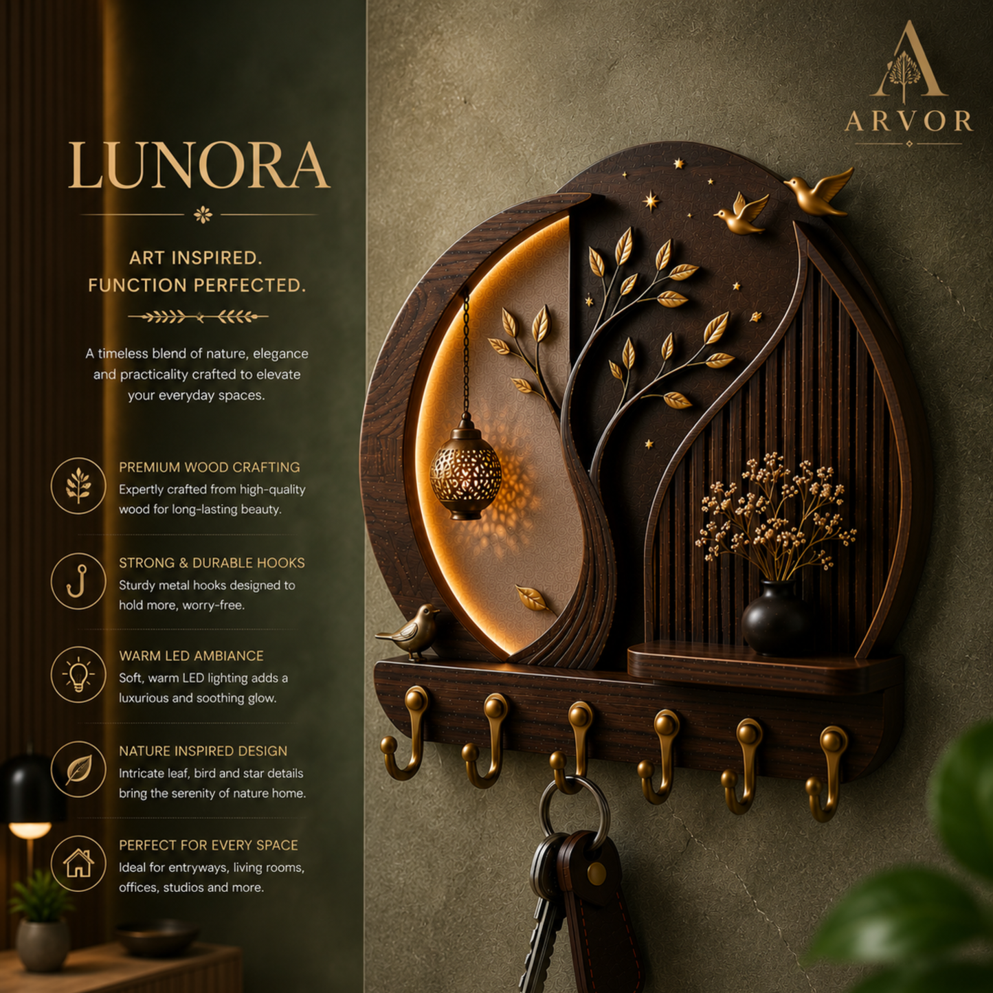 Lunora Moon Leaf Wooden Key Holder